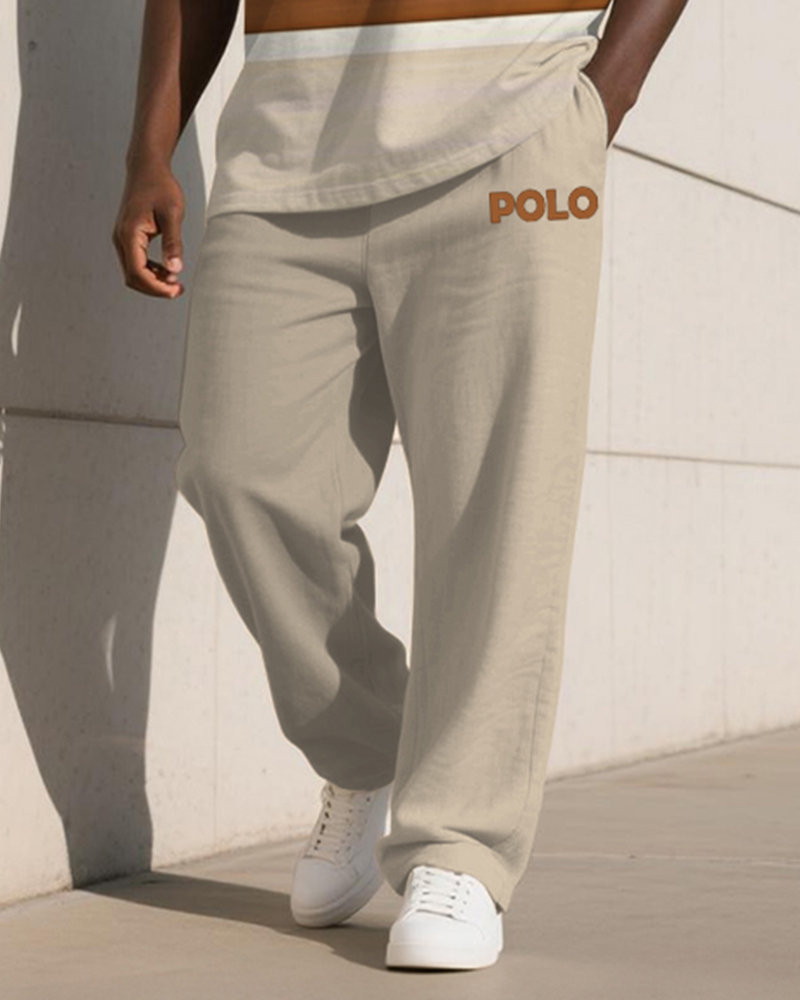 Men's Plus Size Khaki Colorblock Striped Alphabet Print T-Shirt Trousers Suit