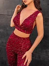 Seep V-Neck Sequined Backless High-Waisted Wide Leg Two-Piece Suit