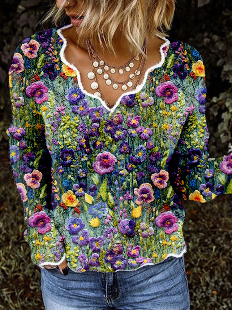 Violet Wildflower Embroidery Art Scalloped Cozy Sweater