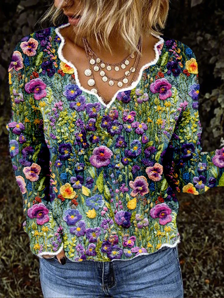 VChics Violet Wildflower Embroidery Art Scalloped Cozy Sweater