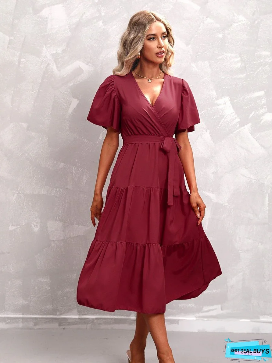Solid Color Belted Short Sleeves Dress