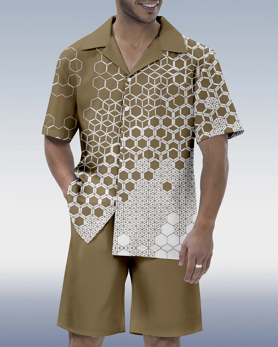 Men's Colorblock Geometric Hawaiian Cuban Collar Short Sleeve Shirt Set 07