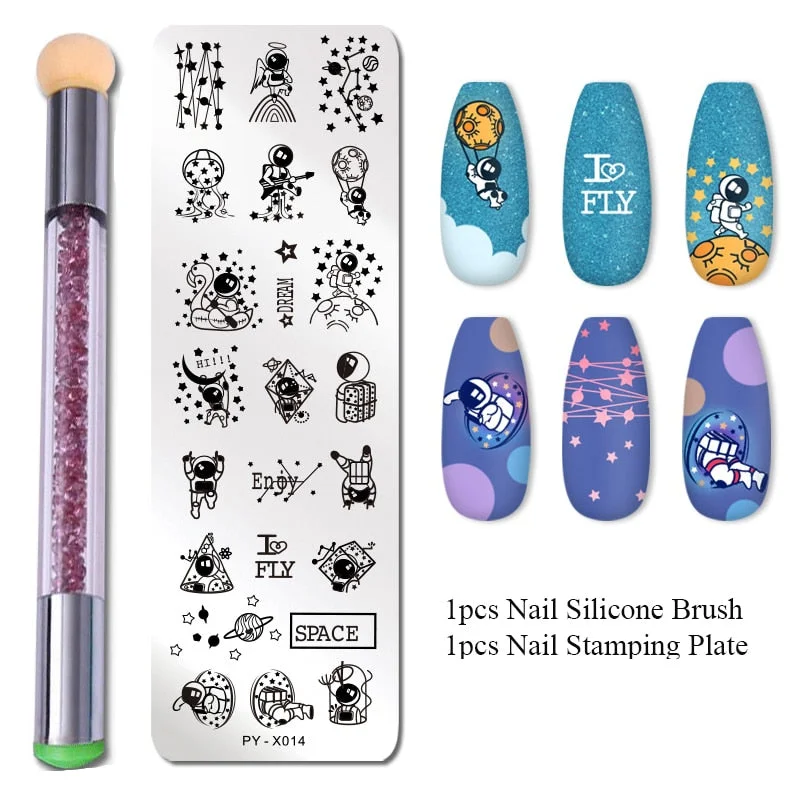 2Pcs Nail Stamping Plates Set Silicone Sponge Brush Polish Transfer Stencils Flower Geometry DIY Template for Nail Tool-Nail Inspo