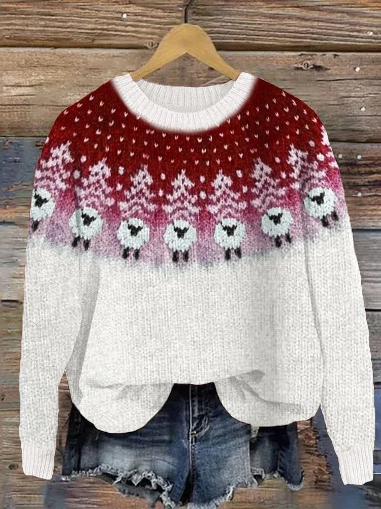 Women's Christmas Trees & Sheep Snowy Yoke Cozy Knit Isle Sweater