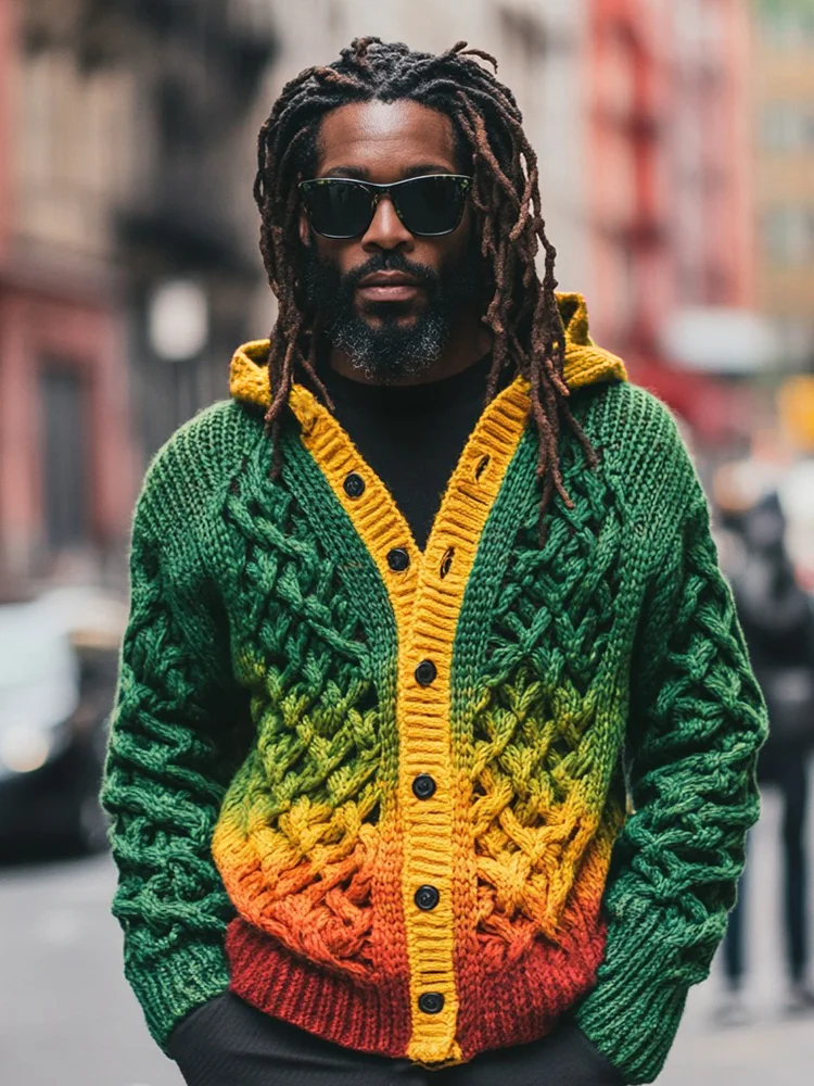 Reggae Inspired Contrast Color Chunky Cable Knit Buttons Hooded Cardigan
