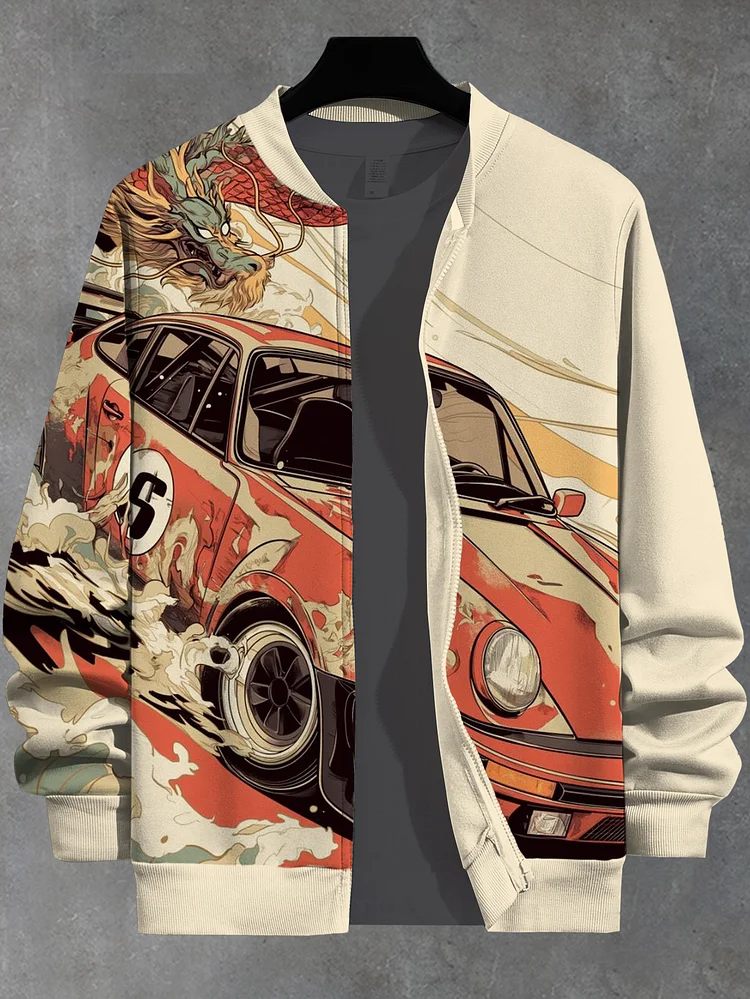 Men's Retro Nostalgia Car Art Print Casual Zip Up Jacket