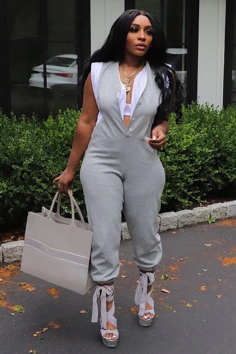 Sleeveless Deep V Neck Button Down Patchwork Tapered Leg Jumpsuit-Gray