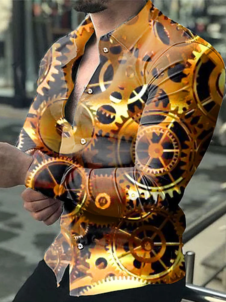 Casual Gold Gear Pattern Printed Long Sleeve Men's Shirt