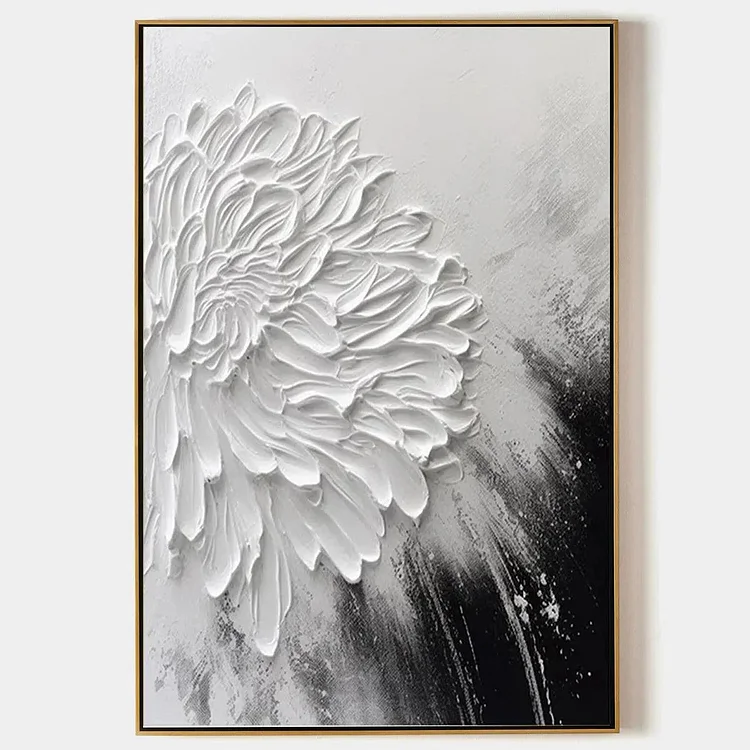 WHITE TEXTURED BLOOM: 3D Floral Impasto Painting, Vertical Wall Art（Canvas painting）