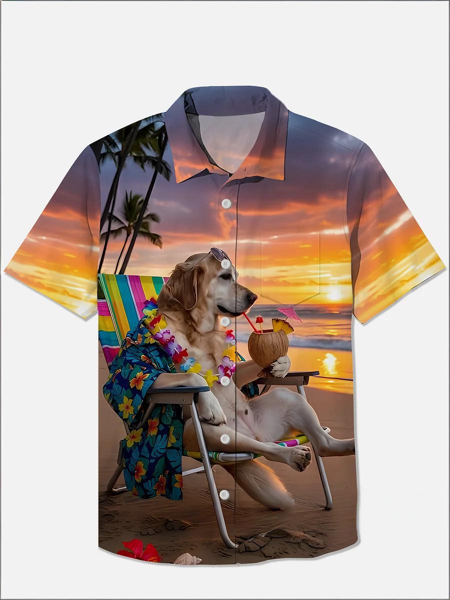 Hawaiian Style Beach Vacation Golden Retriever Printing Breast Pocket Short Sleeve Shirt PLUSCLOTHESMAN