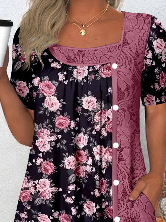 Women's Short Sleeve Scoop Neck Graphic Lace Pockets Tops