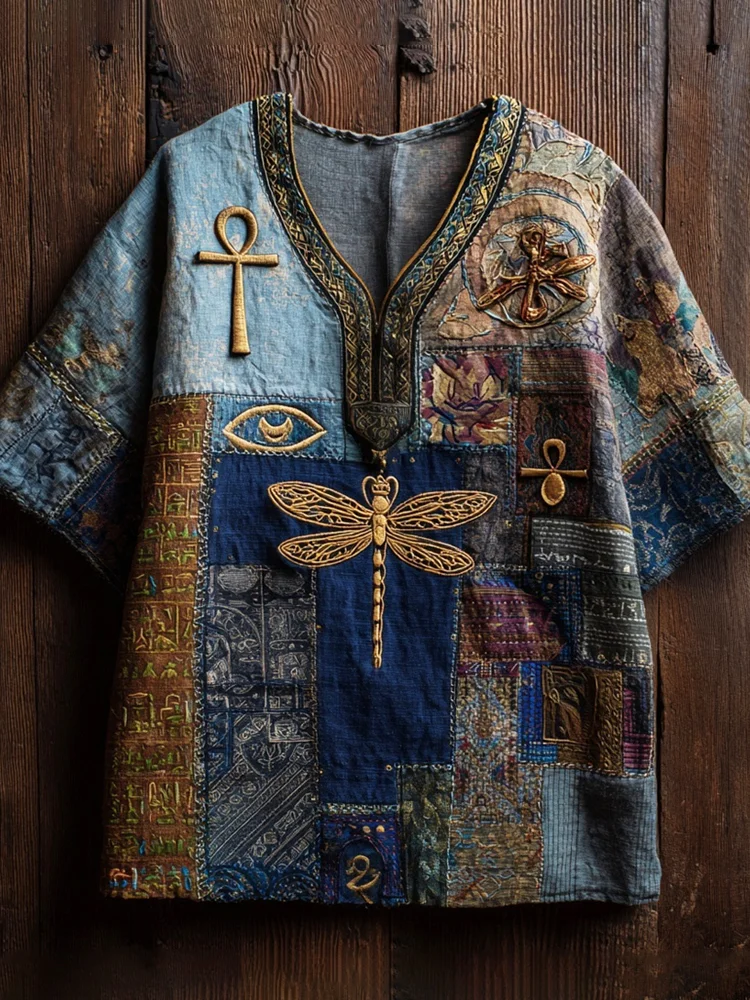Egyptian Golden Dragonfly Embroidery Women's Linen V-neck Shirt