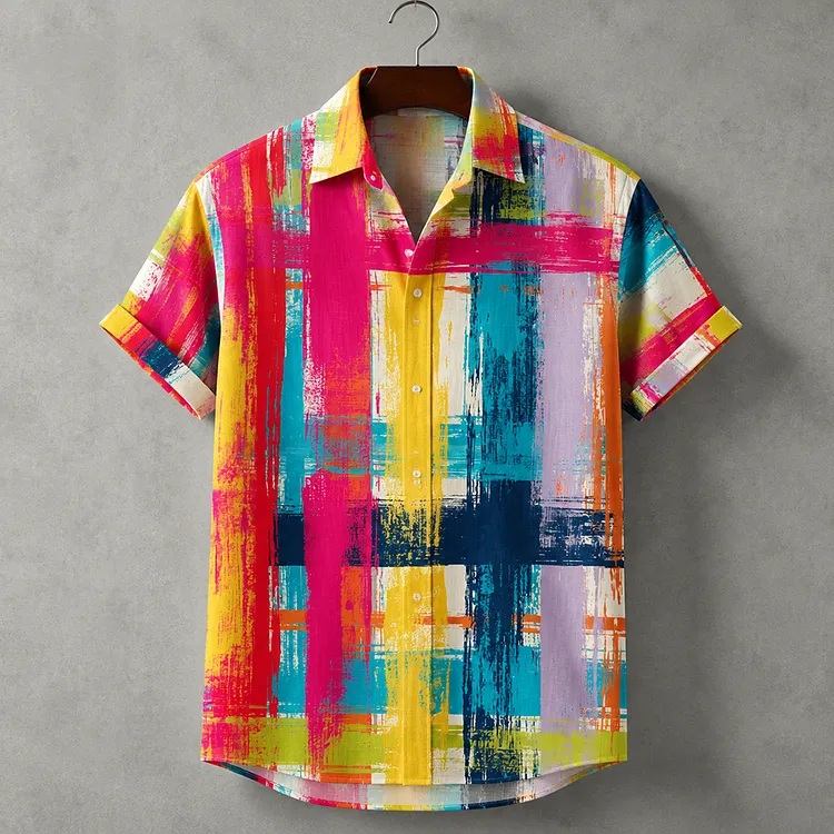 Men's Short Sleeve Button-down Shirt - Vibrant Abstract Brush Strokes And Vertical Intersecting Grid Lines Print Shirt