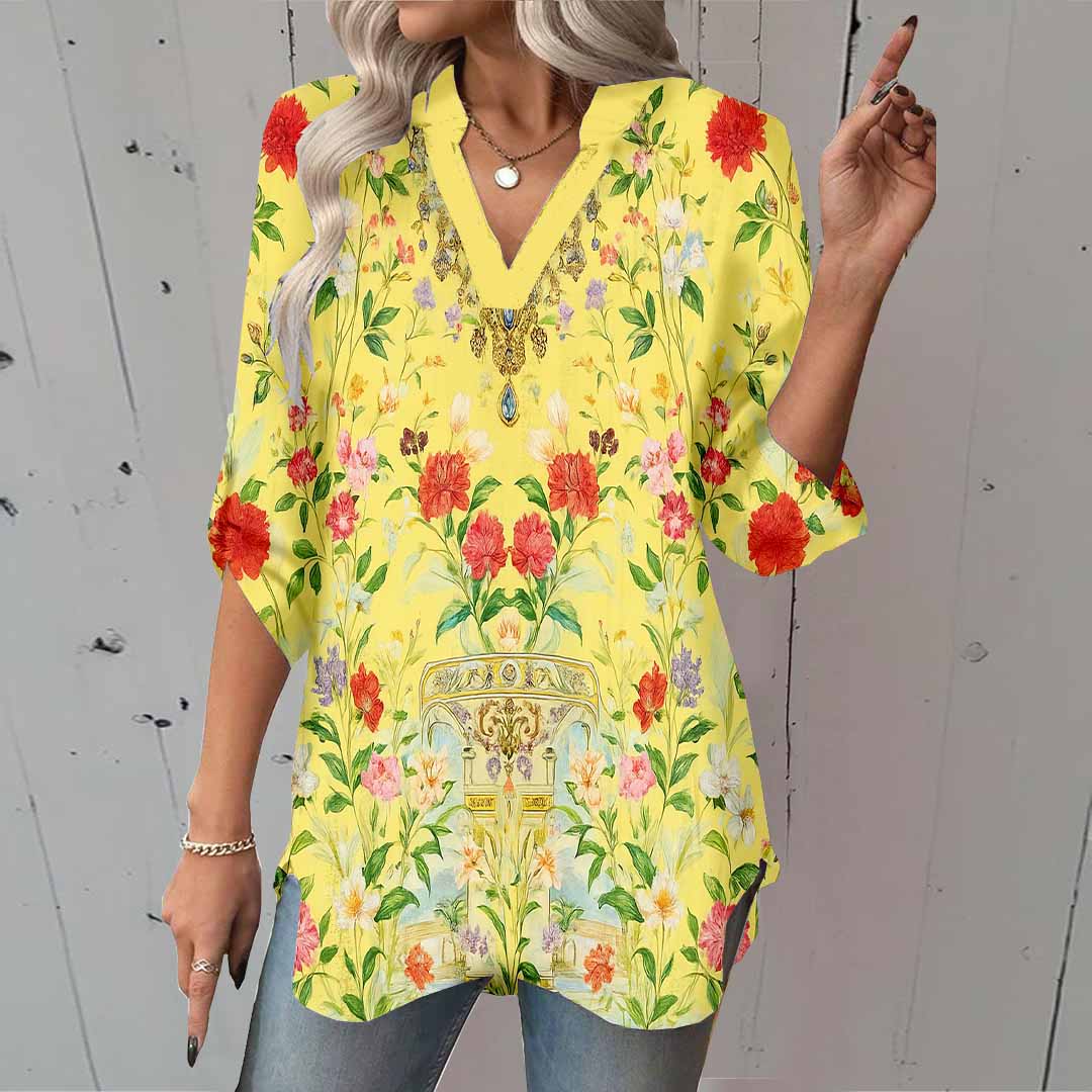 Women Floral, Yellow, Red DZGA0167 3/4 Sleeve V-neck Printed Graphic Button Tops