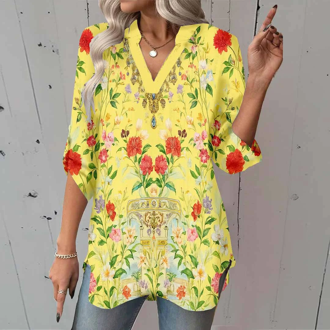 Women Floral, Yellow, Red DZGA0167 3/4 Sleeve V-neck Printed Graphic Button Tops