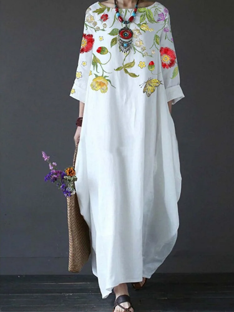 Elegant Retro Flower Art Seventh Sleeve Maxi Dress