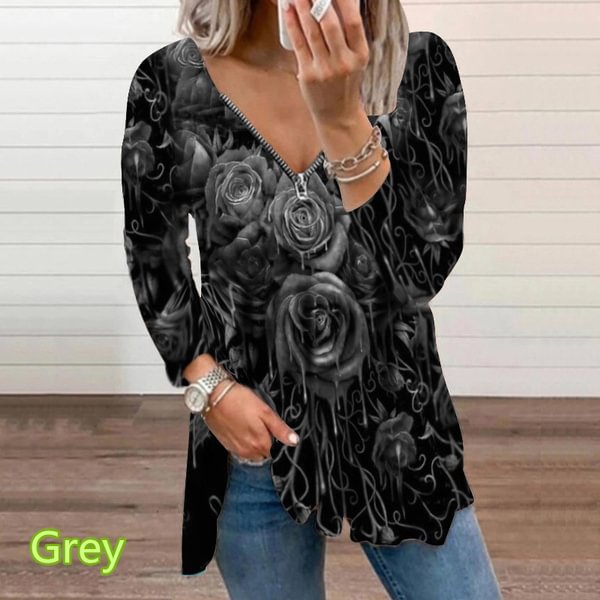 Spring and Early Autumn New Fashion Women's Flower Rose Printed Casual Plus Size Long Sleeve Zipper V-neck Top Loose Soft and Comfortable Long Sleeve Bottoming Shirt XS-5XL - Shop Trendy Women's Clothing | LoverChic