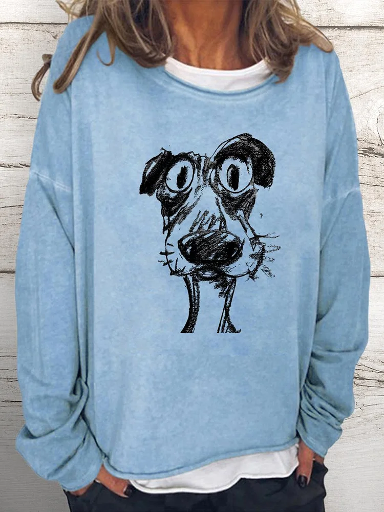 Hand drawn pencil dog Women Loose Sweatshirt-0024224