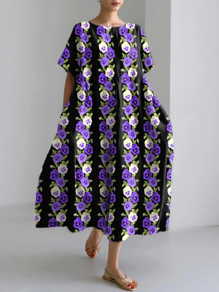 Utbros Pansy Flower Print Linen Blend Casual Cozy Dress