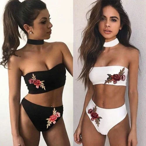 Summer Women Floral High Waist Flower Print Bandeau Strapless Swimsuit Swimwear Bikini Set Bather Suit Swimming Suit