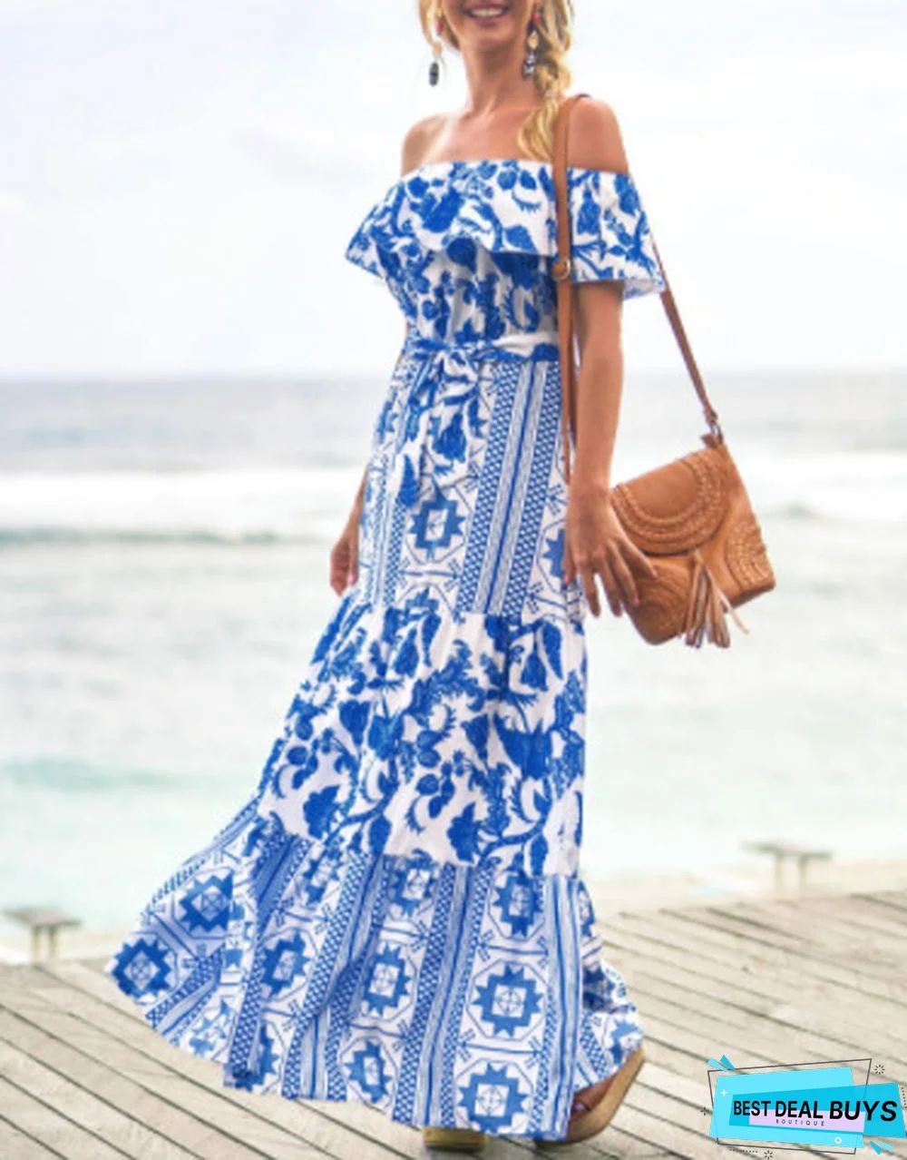 Printed Dress with One-Line Collar and High Waist For Women