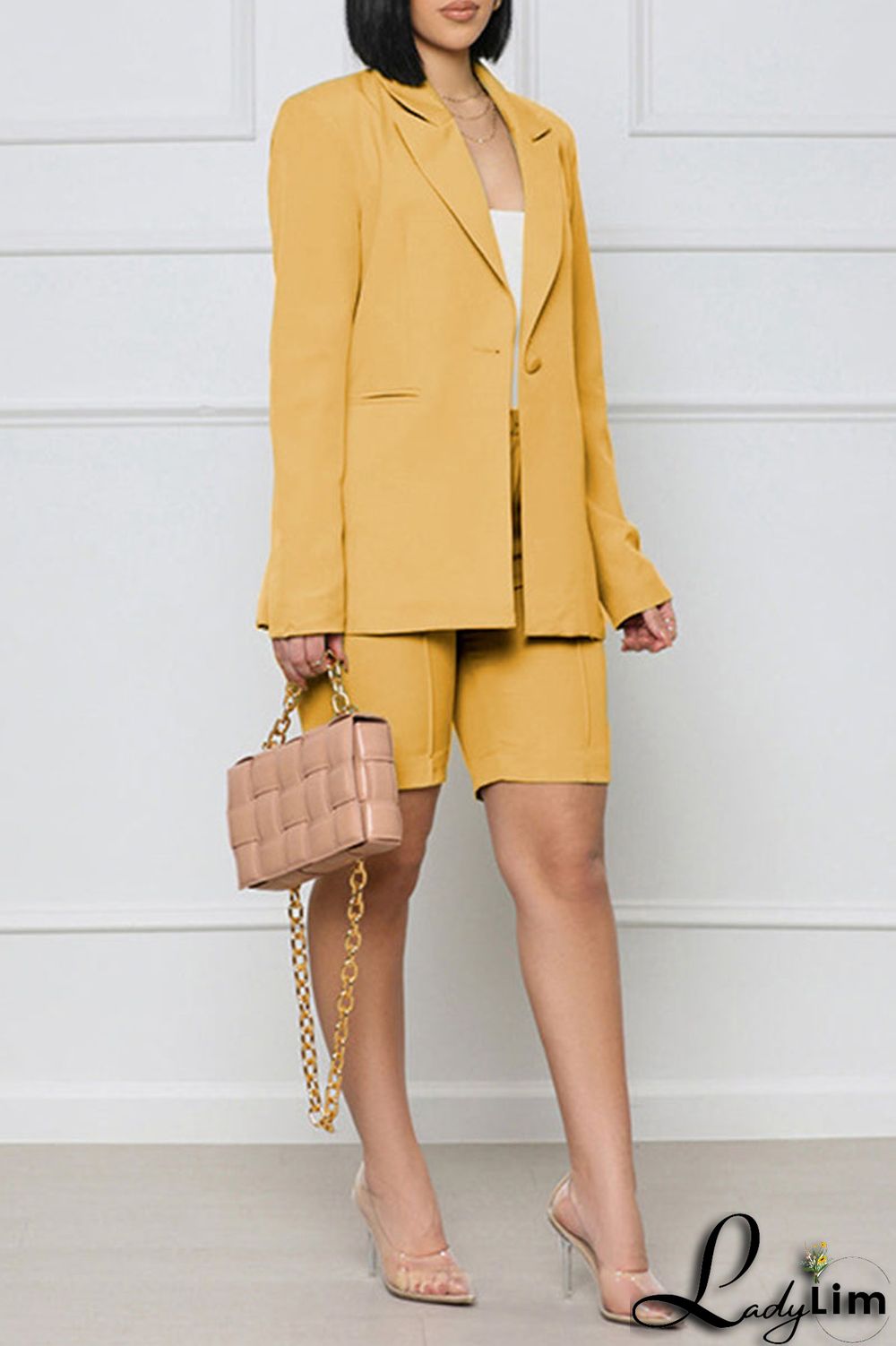 Yellow Casual Solid Patchwork Buttons Turn-back Collar Long Sleeve Two Pieces