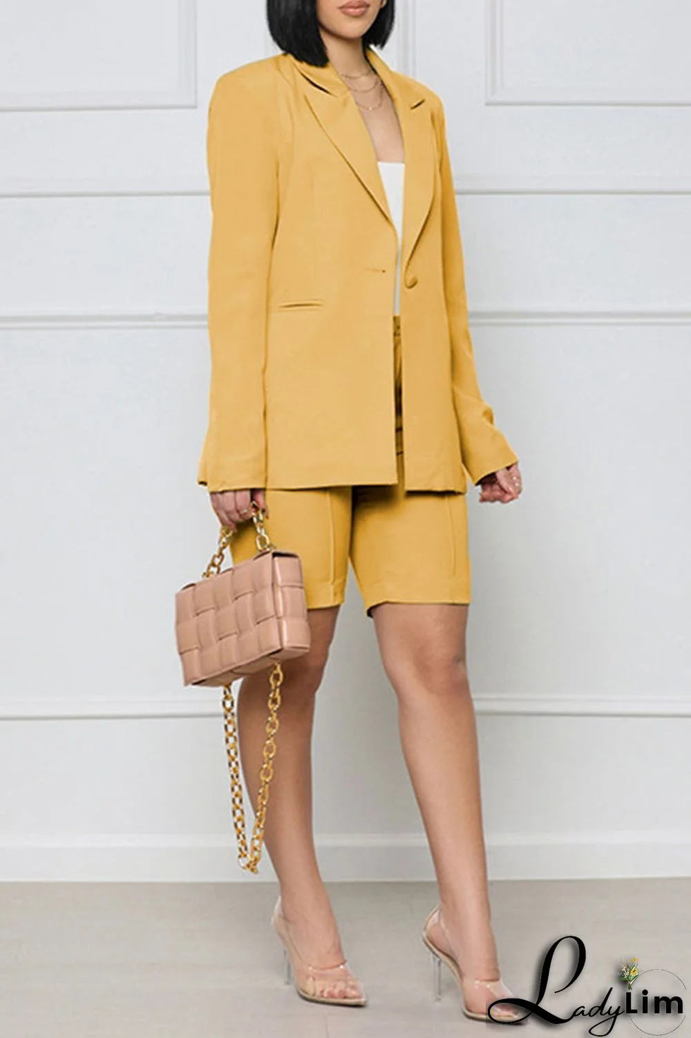 Yellow Casual Solid Patchwork Buttons Turn-back Collar Long Sleeve Two Pieces