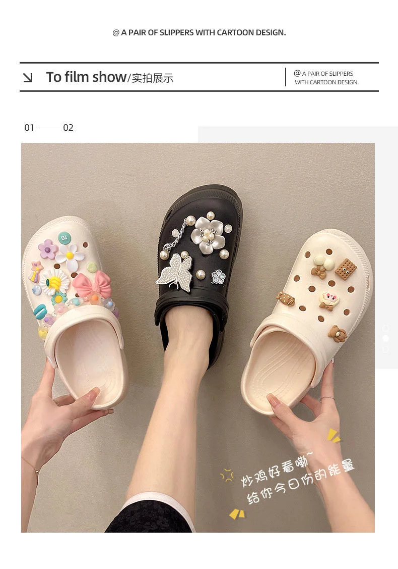 Summer Women Slippers Shoes With Charms Jewelry Garden Shoes Wedges Platform Sandals Antiskid Female Clogs Flip Flops For Woman