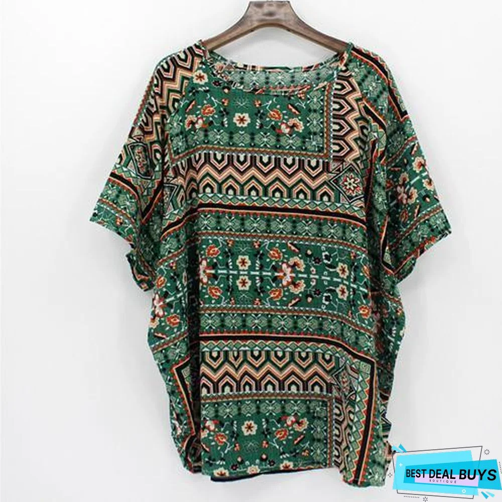 Plus Size Women Batwing Casual Tops Tees Floral Print Cotton Linen Blouses