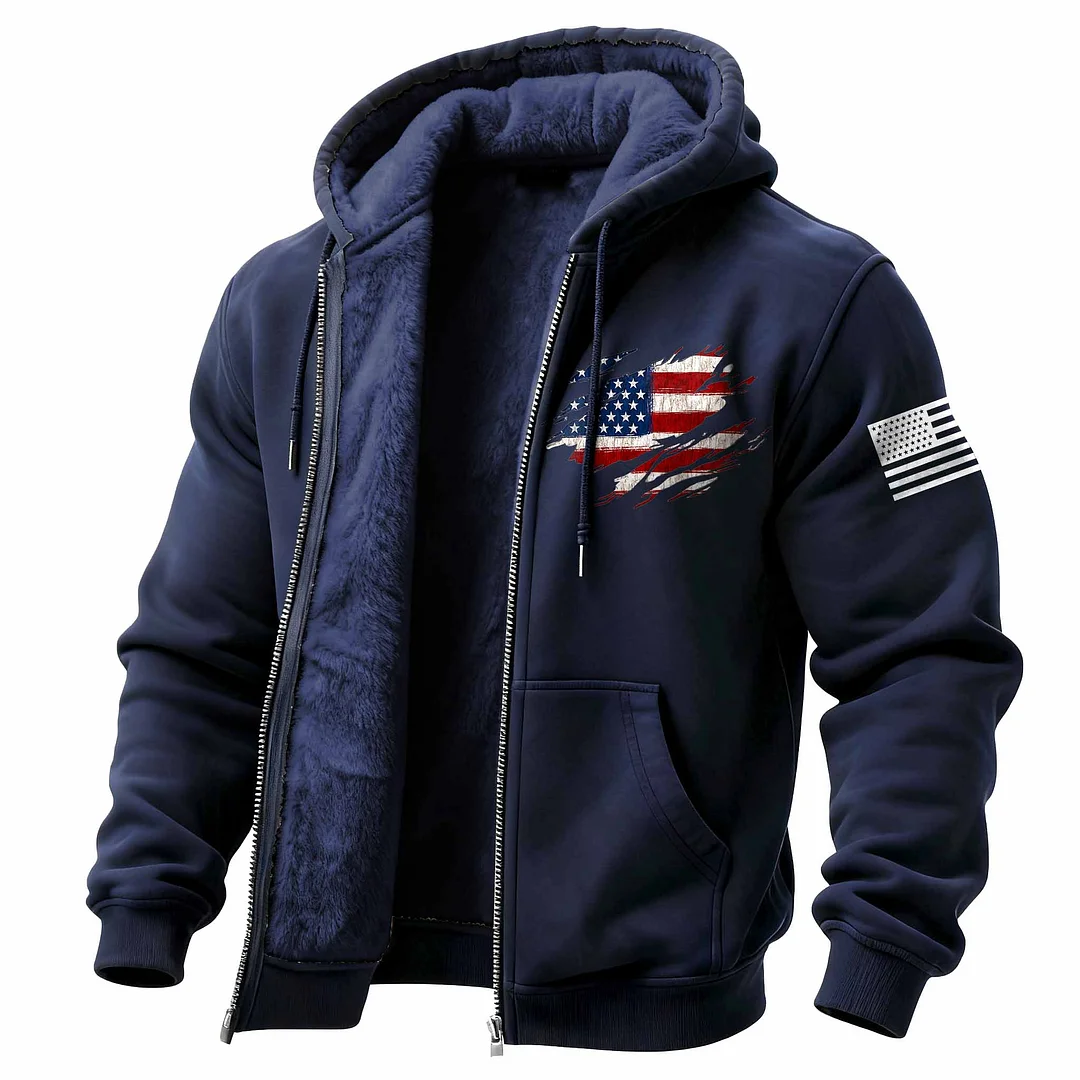 Men's Vintage American Flag Patriotic Fleece Pocket Full Zip Long Sleeve Hoodie Jacket