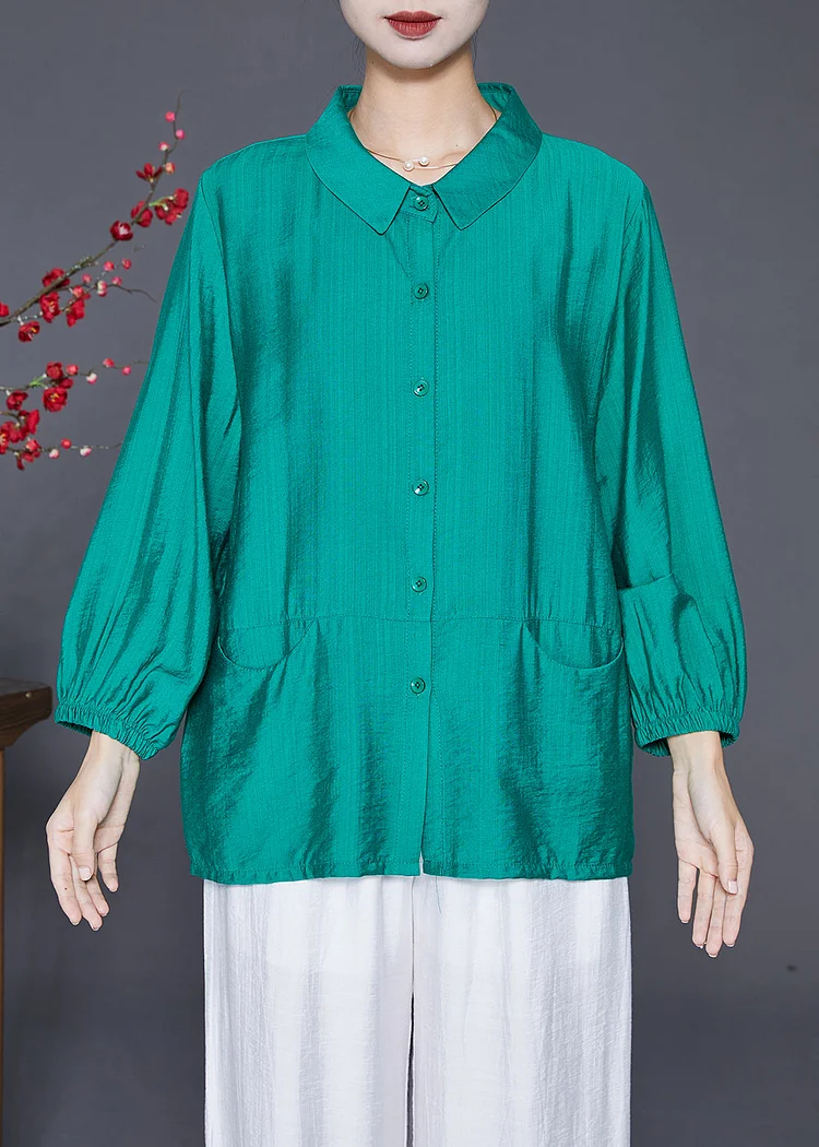 Green Patchwork Linen Silk Shirt Tops Peter Pan Collar Pockets Fall
