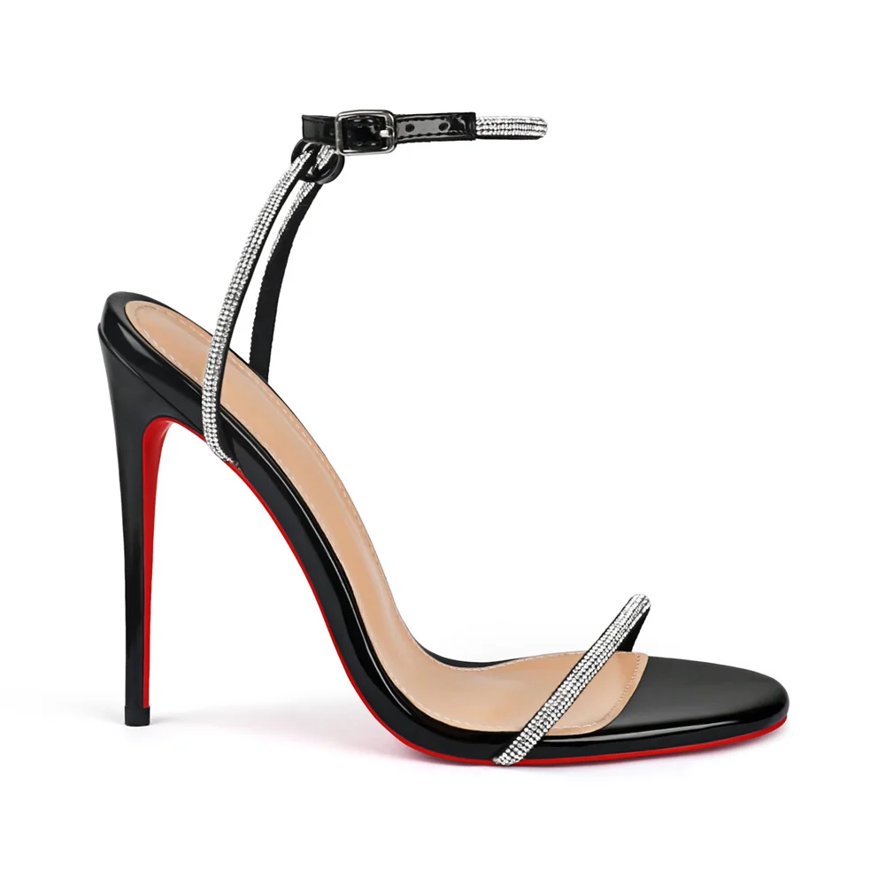 120mm Women's Red Bottom Diamonds Studded Straps Sandals High Heels Open Toe Stiletto Shoes -MERUMOTE