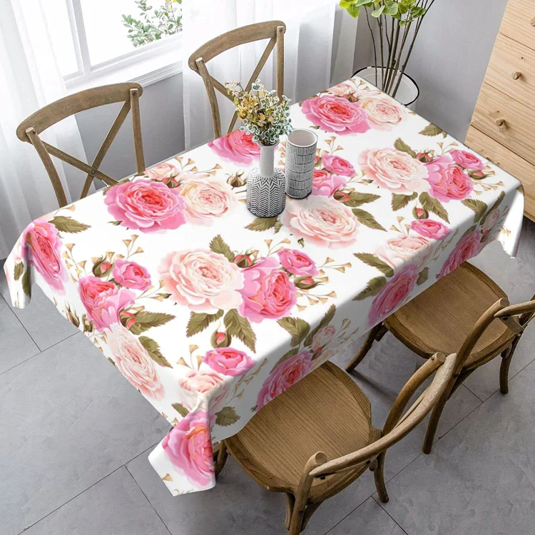 Pink Rose Flower Rectangle Tablecloth Holiday Party Decorations Waterproof Fabric Tablecloth Kitchen Dining Table Decor