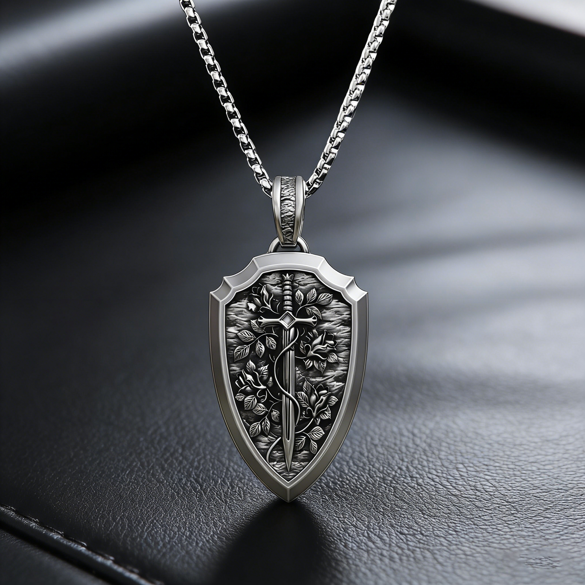 S925K Silver Necklace Sword and Shield Rose: Embedded Shield of Faith