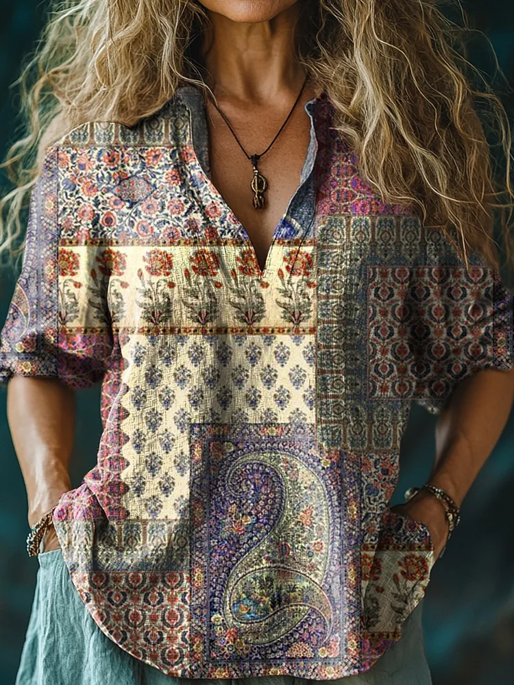 Girls Retro Floral Art Print Casual Linen V Neck Shirt
