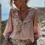 Boho Pink Floral Glitter Lace Flowy Linen Tunic - Image 2