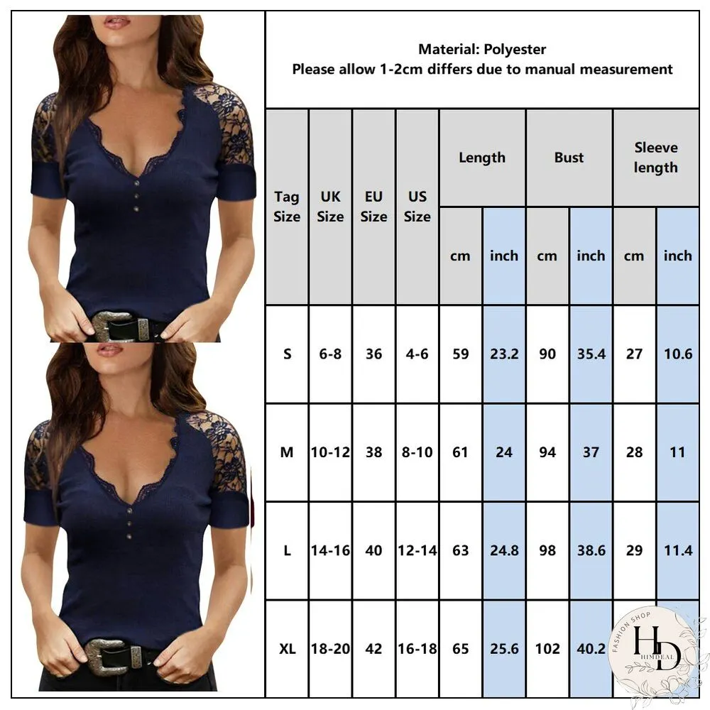 Womens Lace Patchwork Short-Sleeved Tops Summer Sexy Stitching Stylish Solid Color Slim