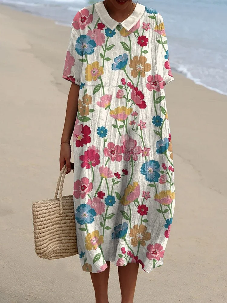 Women's Vintage Floral Art Print Pocket Linen Dress（Convertible Dress With Front And Back Option）