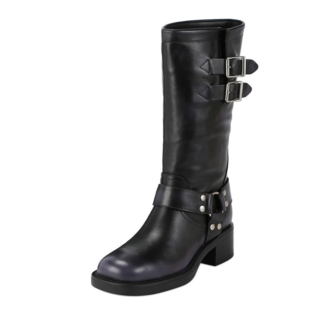 Black Buckle Strappy Square Toe Block Heel Mid Calf Boots for Women Nicepairs