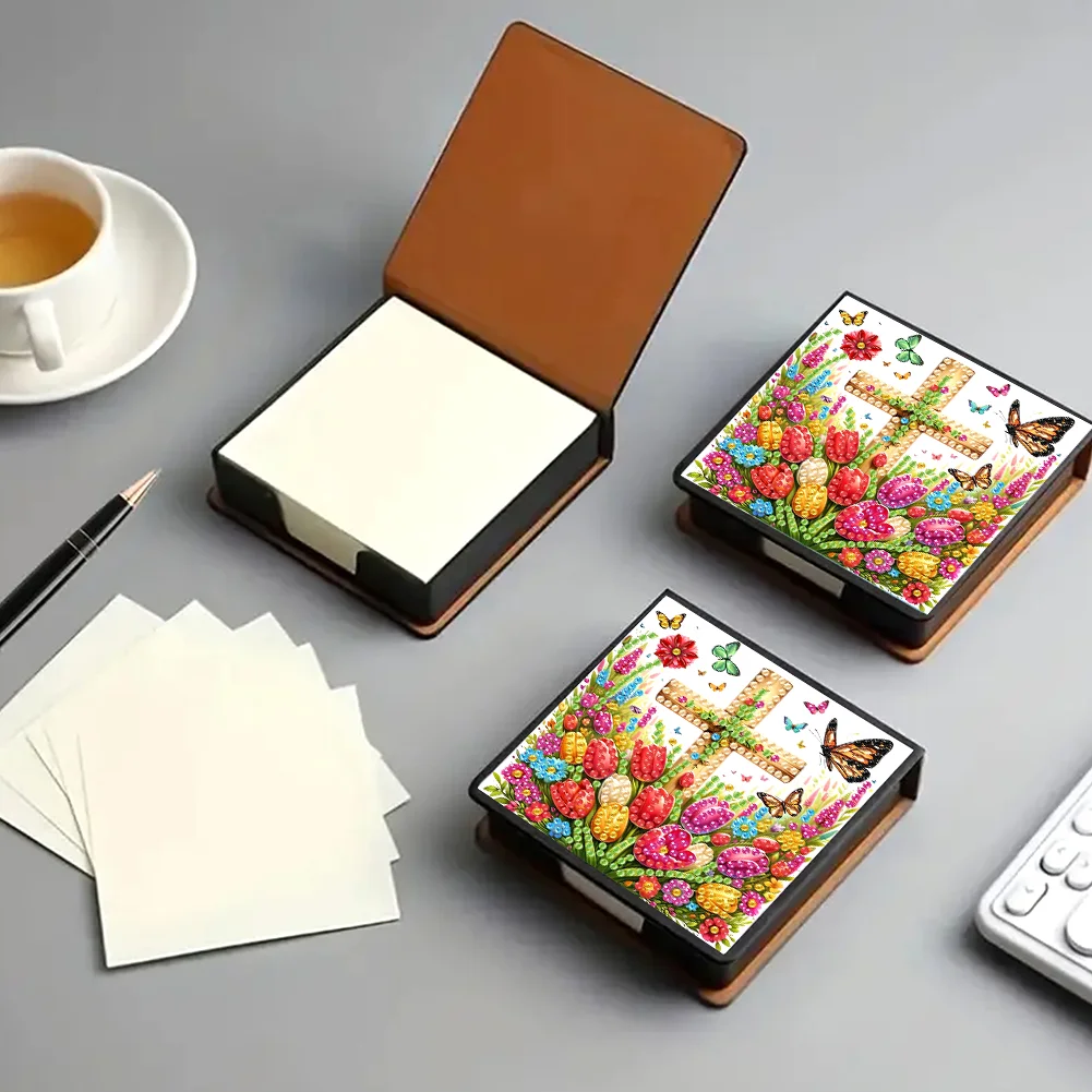 DIY Flower Cross Leather Diamond Art Note Box with 160 Sheets of Paper for Beginners