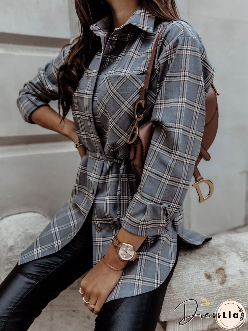 Checked Loose Long Sleeve Belted Shirt
