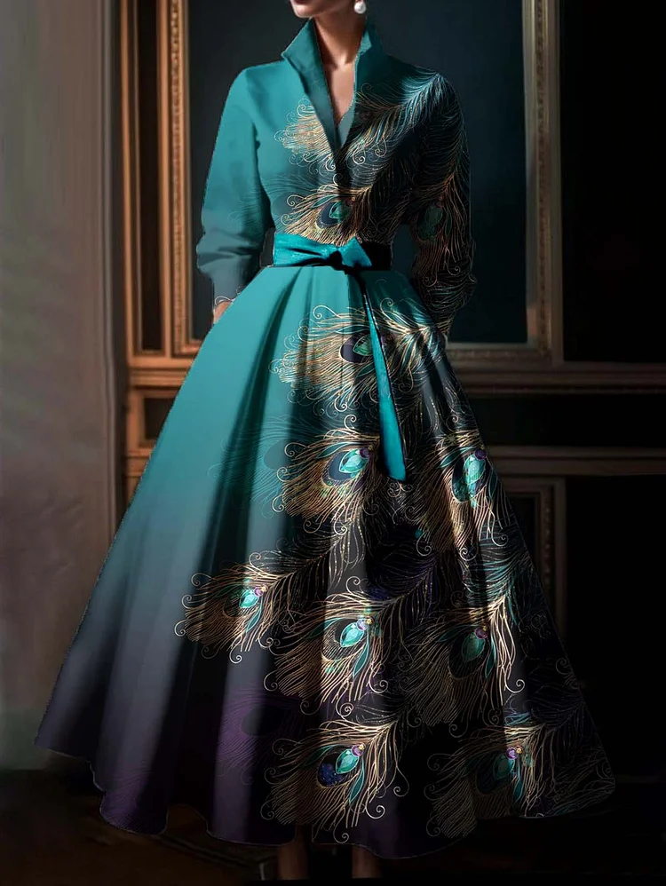 Ursime Elegant Feather Pattern Stand Collar Maxi Dress