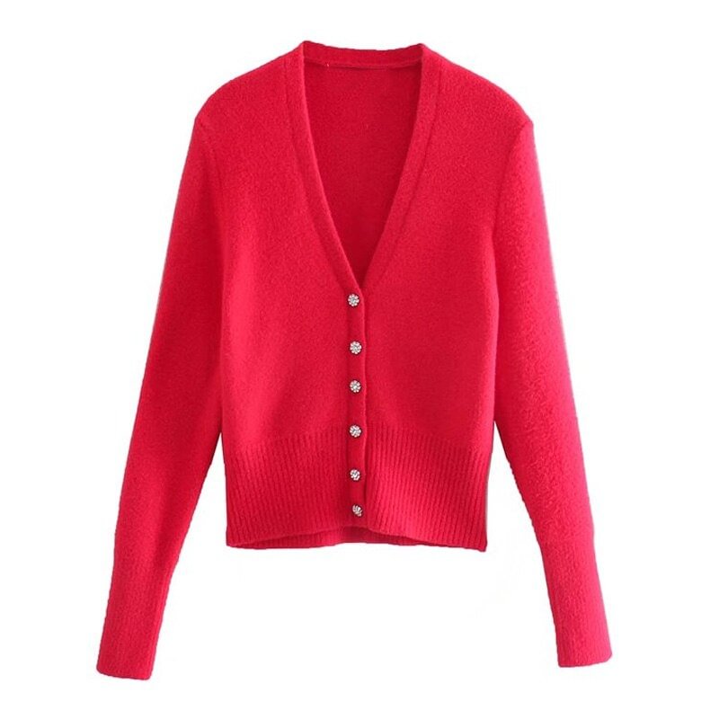 TRAF Women Fashion Rhinestone Buttons Soft Touch Knit Cardigan Sweater Vintage V Neck Long Sleeve Female Outerwear Chic Tops