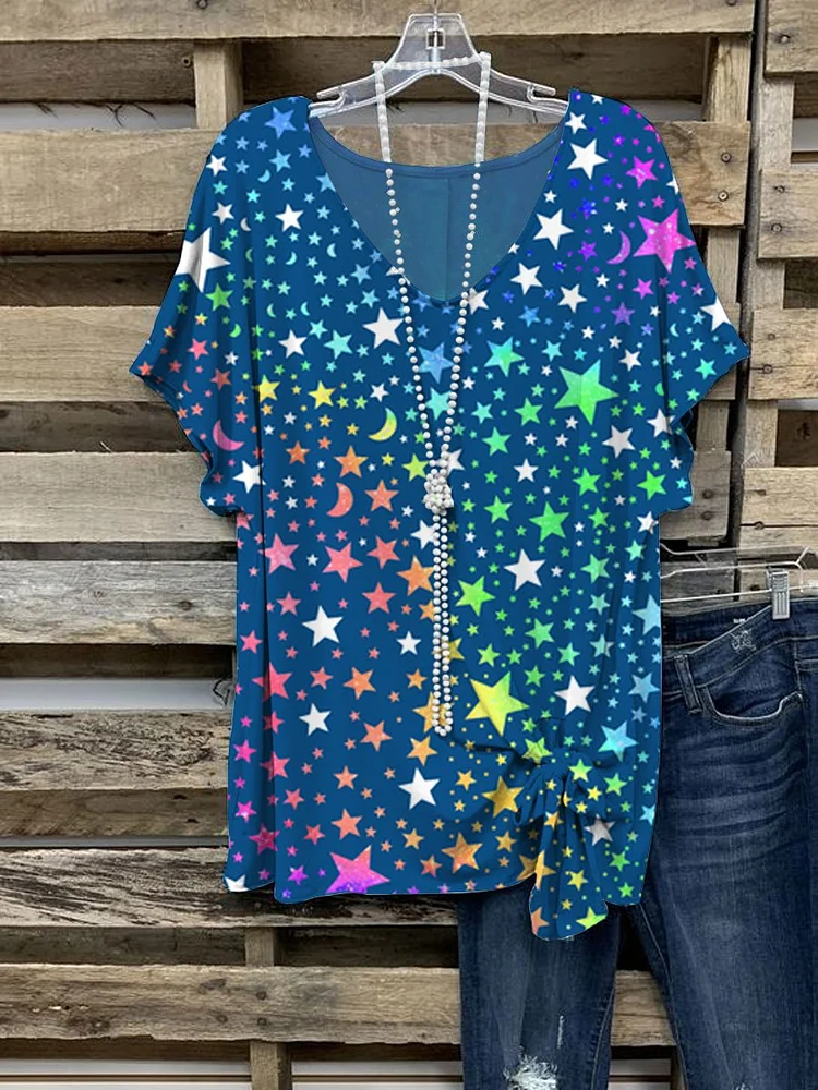Casual v-neck blue star short-sleeved top-Mayoulove