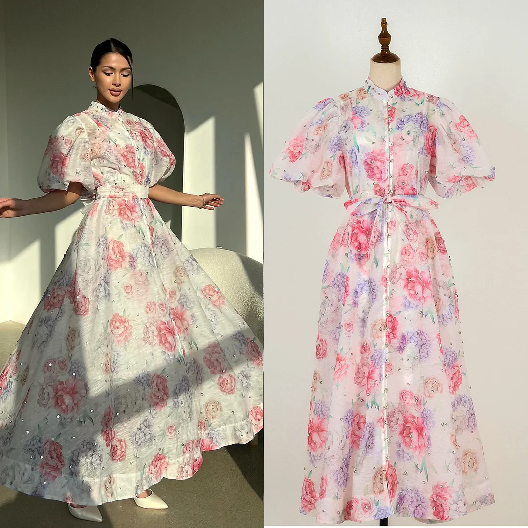 Nigikala Nigikala Court Style High Design Feeling Heavy Industry Nail Drill Short Sleeve Single Buckle Dress + Sling