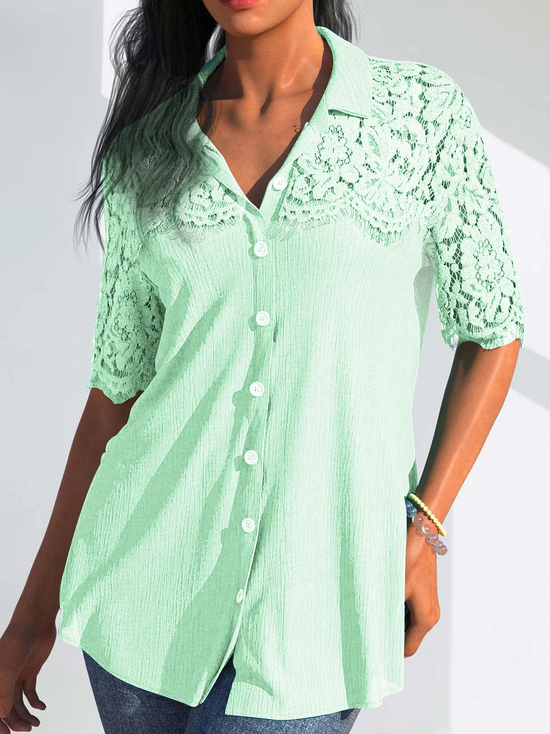 Women plus size clothing Women's Short Sleeve V-neck Lace Stitching Tassels Shirt-Nordswear