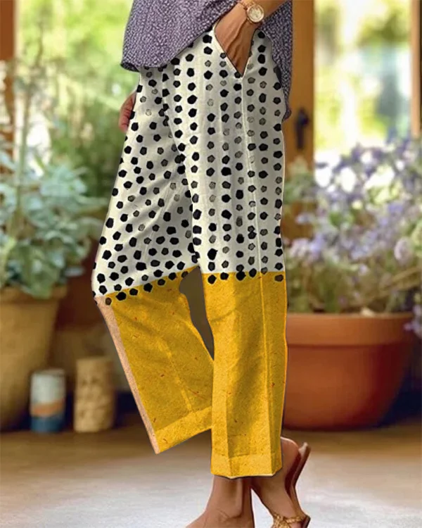 Retro Polka Dot Art Print Loose Cotton and Linen Casual Pants