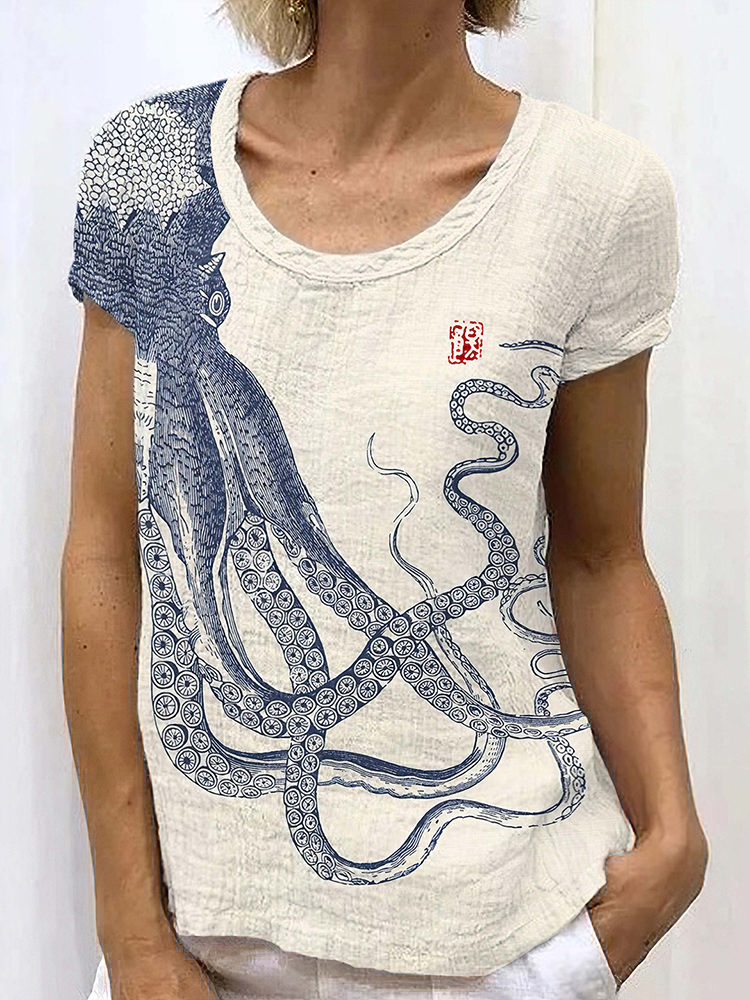 Comstylish Retro Japanese Art Octopus And Crab Linen Casual T-Shirt