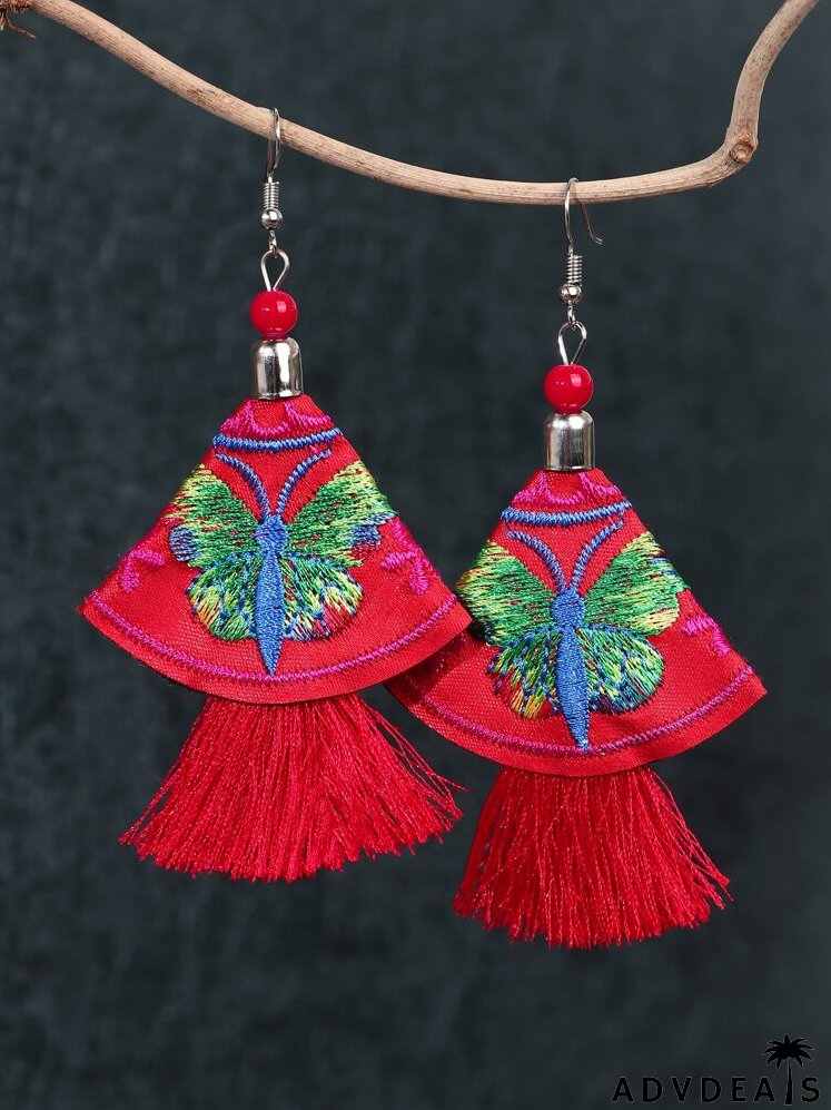 Butterfly Embroidered Tassel Drop Earrings