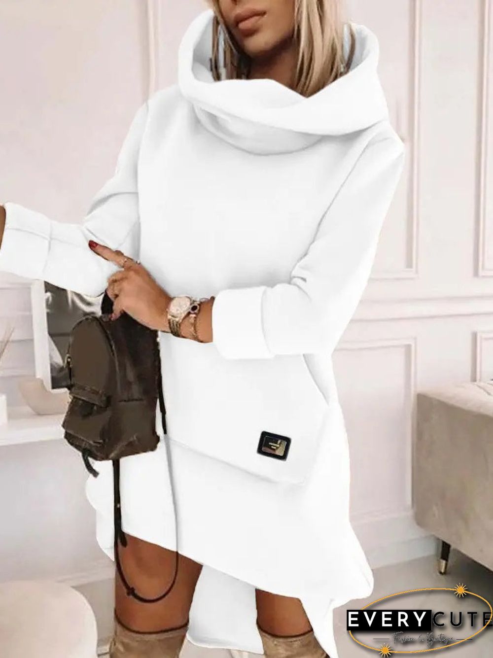 Women's Long Sleeve Hooded Solid Color Midi Dress